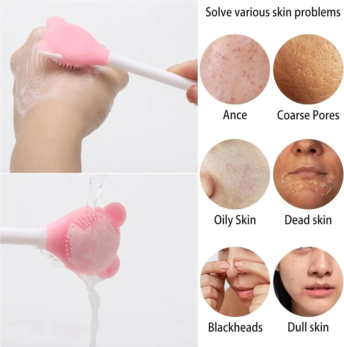 Cepillo de silicona rosa para limpiar y mascarilla facial junto a ejemplos de textura de piel como acné, poros gruesos y gras