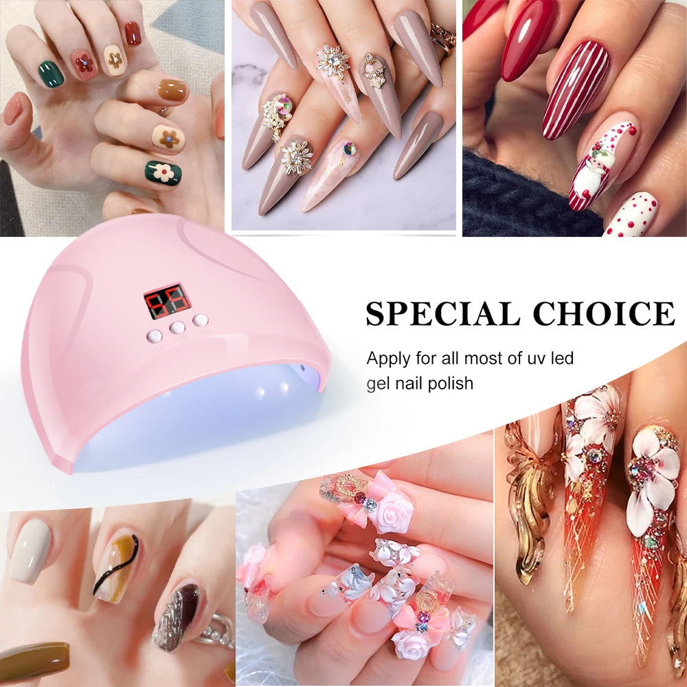 A pink professional UV/LED nail curing lamp with various nail polish colors and application examples.