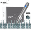 A silver Dr. pen microneedling device with multiple needles shown next to the main unit.