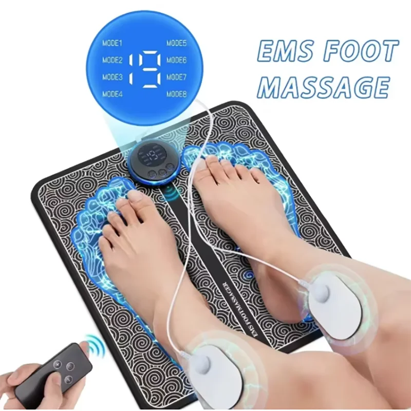 A person is using a portable EMS foot massager device to provide muscle relief and massage to their feet and legs.
