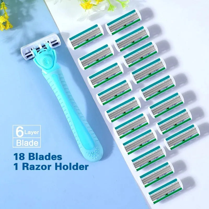 A light blue razor holder with eighteen green blades is displayed on a white surface.