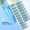 A light blue razor holder with eighteen green blades is displayed on a white surface.