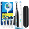 A set of black and white rotating electric toothbrushes and a charging case are displayed on a box.
