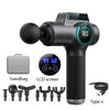 A black professional muscle massage gun with various attachments and a Type-C cable shown.