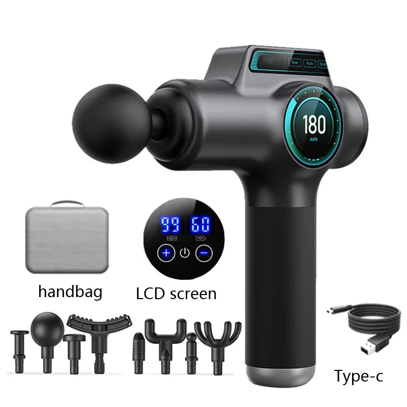 A black professional muscle massage gun with various attachments and a Type-C cable shown.