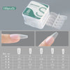 A set of 100 matte finish false gel nail tips is shown in a clear container and individual tips on a finger.