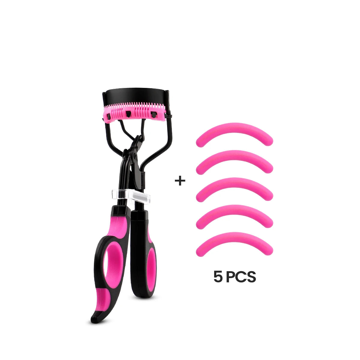 A professional eyelash curler with replacement pads shown in pink and black.