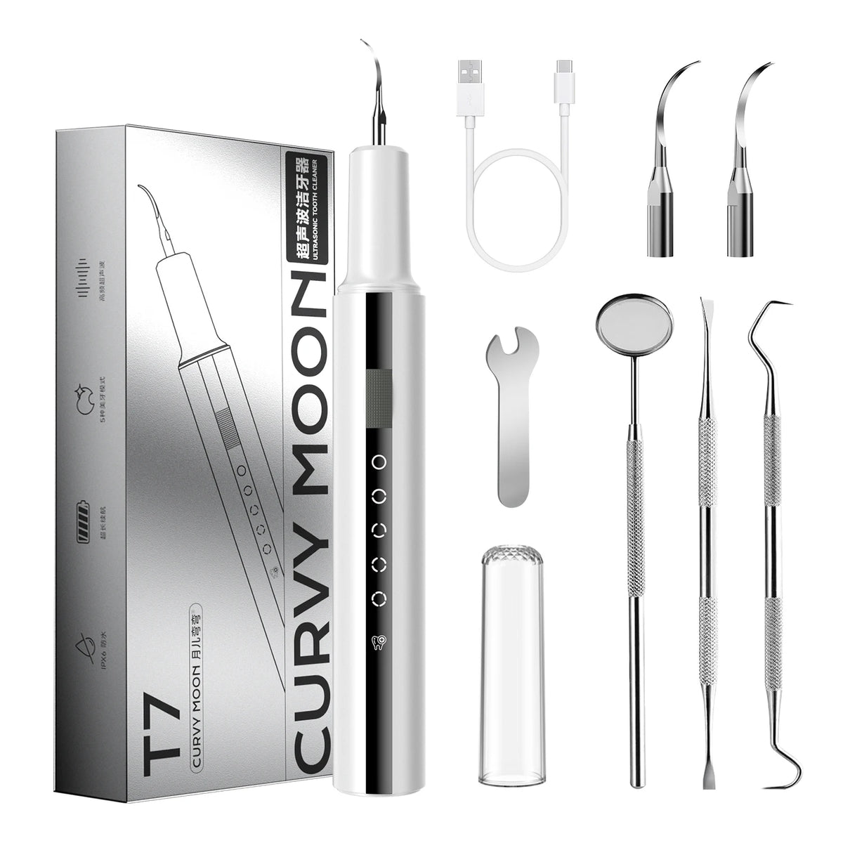 A set of T7 curved ultrasonic dental cleaners for pets, including various cleaning tools and a storage bottle.