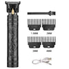 A set of interchangeable hair trimmer guards and a charging cable for a cordless electric hair trimmer kit.