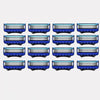 A row of twelve stainless steel manual shavers with blue and silver blades.