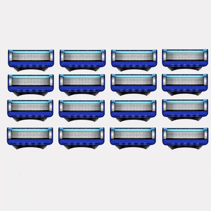 A row of twelve stainless steel manual shavers with blue and silver blades.