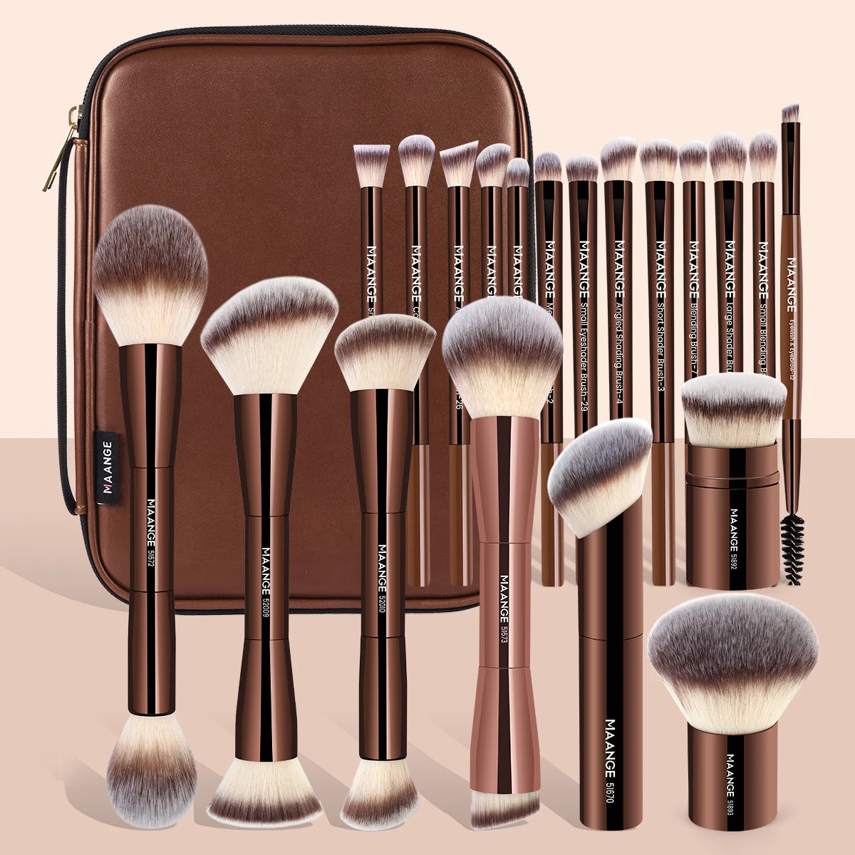 A brown makeup brush set with a matching travel case showing various brushes and a large powder brush.