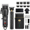 A set of black professional cordless hair trimmers, including a main unit and multiple attachments.