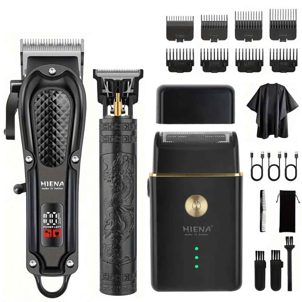 A set of black professional cordless hair trimmers, including a main unit and multiple attachments.