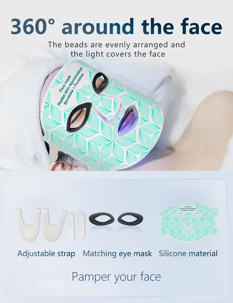 A person is wearing a light green face mask with purple accents, designed to cover the face for light therapy.