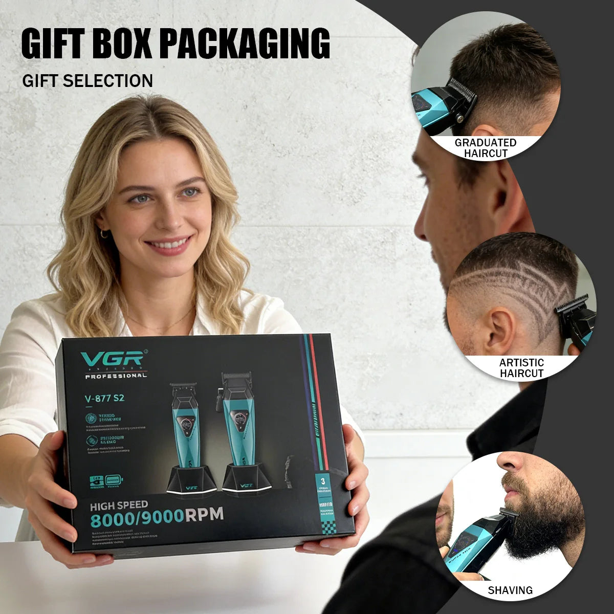 A woman holds a VGR Professional electric hair trimmer box, demonstrating gift box packaging and various haircut styles.