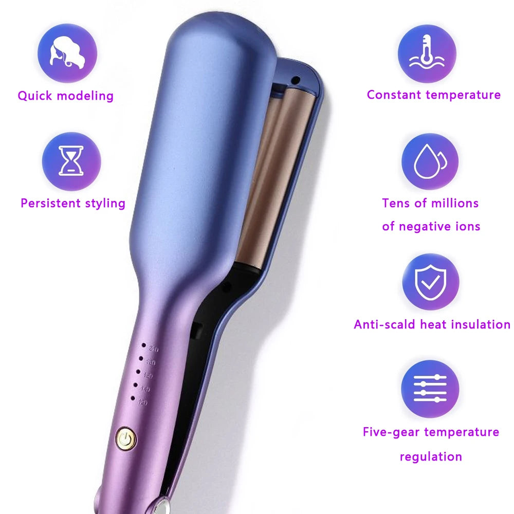 A close-up view of a purple ceramic hair waver with a gold accent, highlighting features like constant temperature and heat i