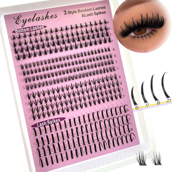 A pink plastic tray displaying various styles of bottom lashes and lash spikes for DIY extensions.