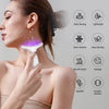 A woman is using a white facial and neck massager device on her neck, highlighting various functions like deep cleaning and m