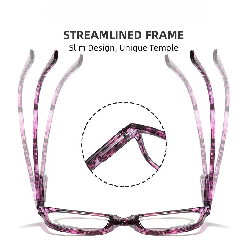 Streamlined purple photochromic reading glasses with a slim design and unique temple.