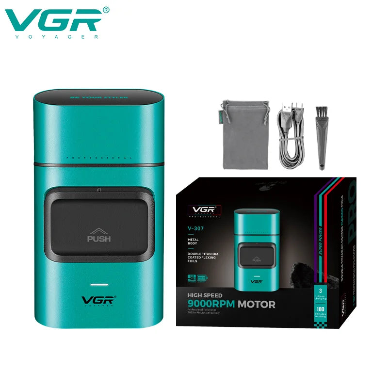 A teal VGR electric hair trimmer with a black housing and accessories shown next to its packaging.