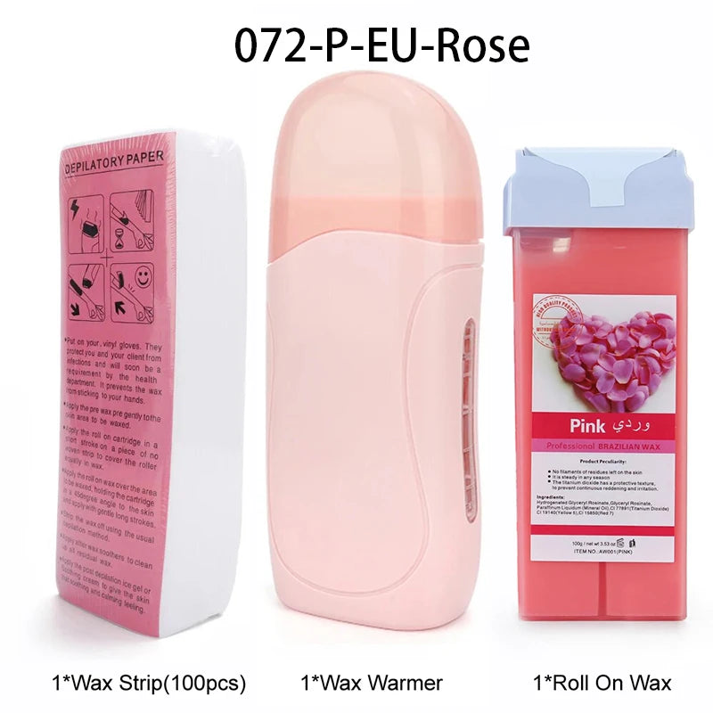 A pink wax warmer and roll-on wax kit for depilatory paper, showing the product components.