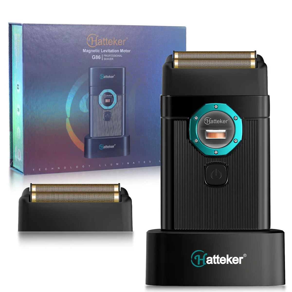 Hatteker G86 professional electric shaver with magnetic levitation technology shown in packaging and standalone view