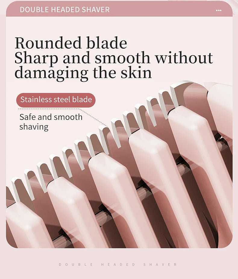 Close-up of a pink double headed shaver with rounded blades showing the shaving head.
