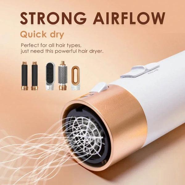 A white hair dryer with a gold finish is shown emitting airflow, alongside various hair styling tools.