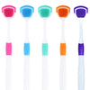 Cinco raspadores de lengua de silicona en varios colores, incluyendo rosa, azul, verde azulado, naranja y púrpura