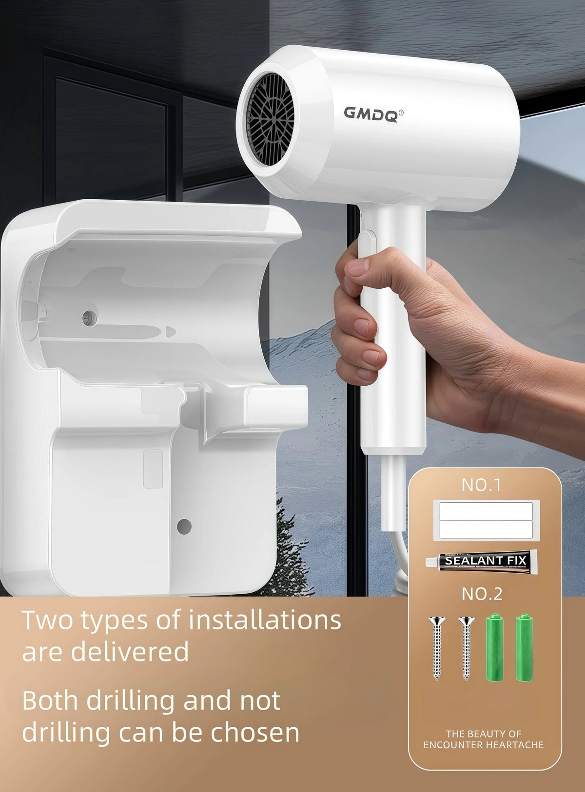 A hand holds a white GMDQ professional wall-mounted hair dryer, showing two installation types: drilling and non-drilling.