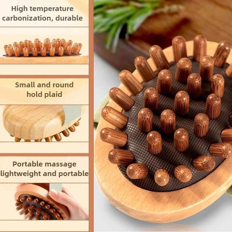Masajeador anti-celulitis de madera y cepillo para el cuero cabelludo con pequeñas almohadillas redondas.