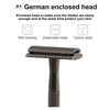 A black weighted metal safety razor with a detachable head and textured grip.