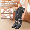 A woman is using a black pneumatic leg massager on her leg while sitting on a couch.