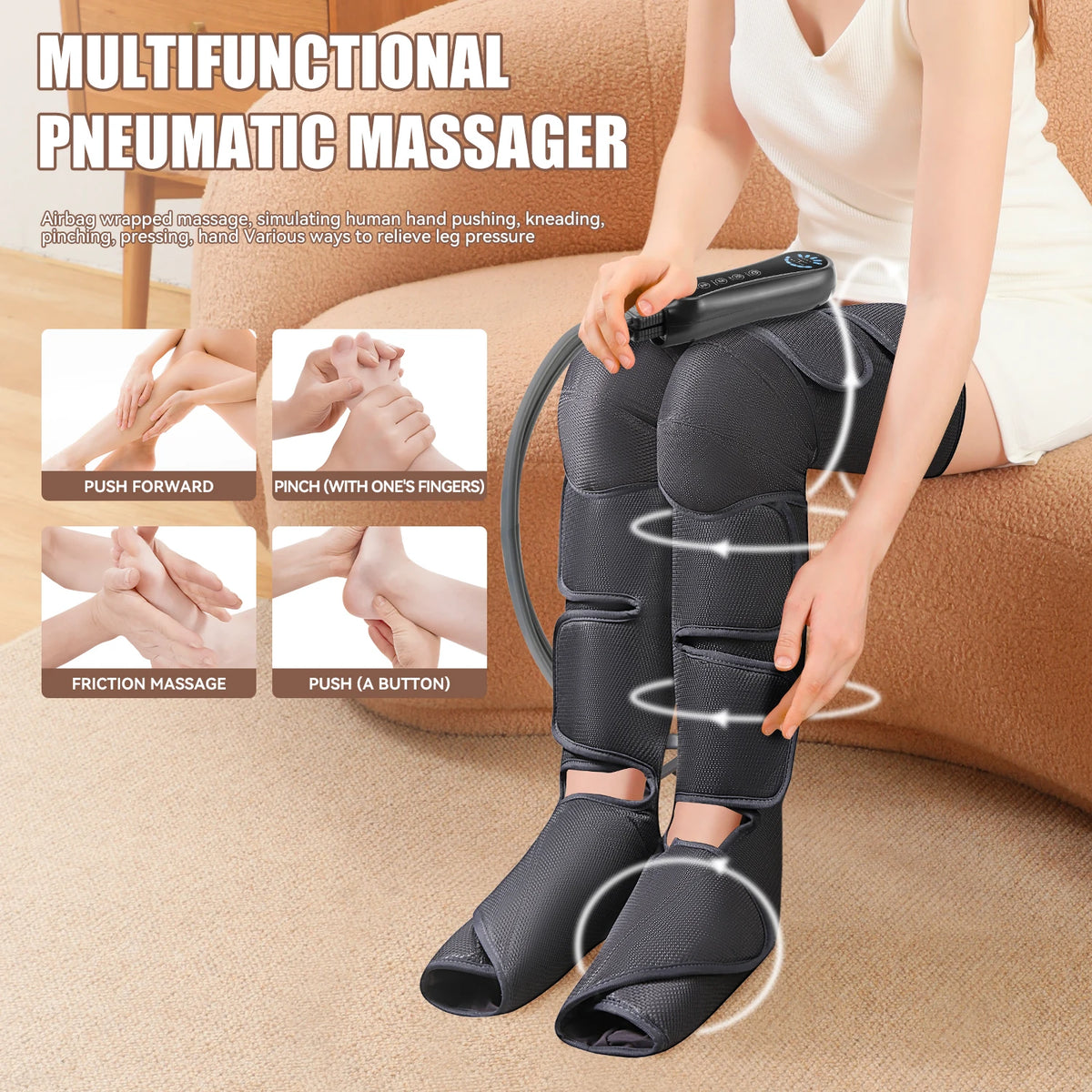 A woman is using a black pneumatic leg massager on her leg while sitting on a couch.