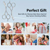 Precision stainless steel eyebrow scissors with comb shown alongside various gift ideas for women and men.