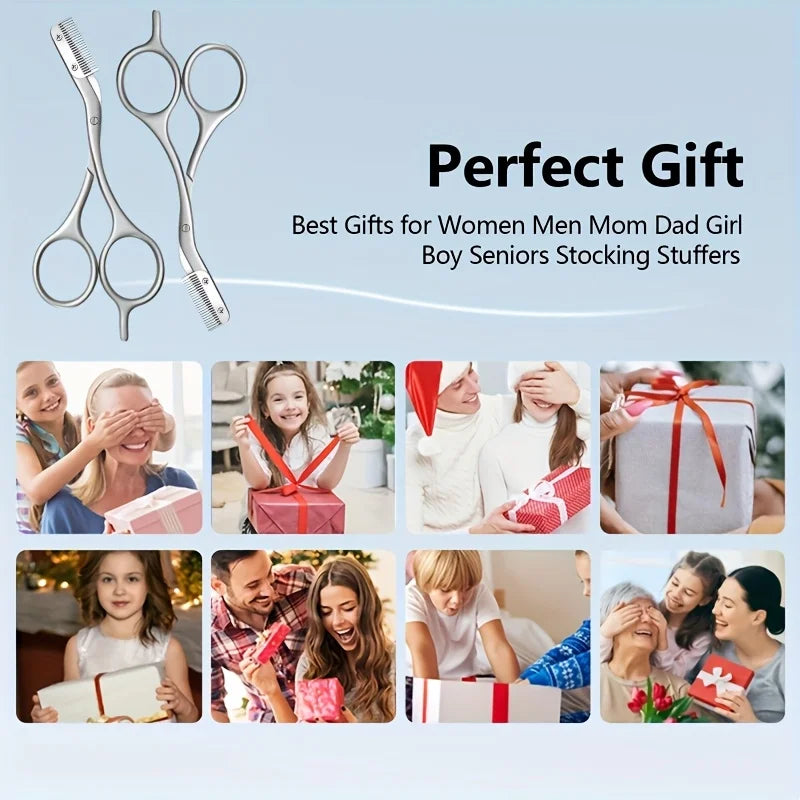 Precision stainless steel eyebrow scissors with comb shown alongside various gift ideas for women and men.