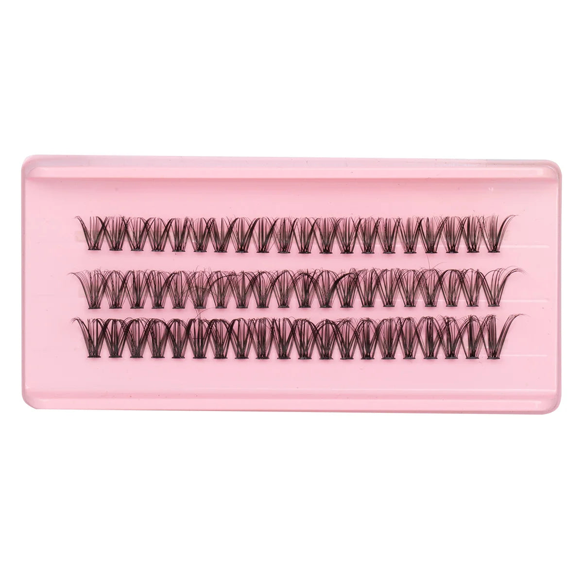 A pink plastic tray containing multiple rows of natural wispy lash clusters for DIY eyelash extensions.