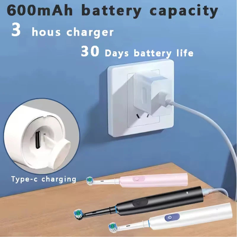 A white rotary rechargeable electric toothbrush is shown next to a Type-c charging cable and other brushes on a wooden surfac