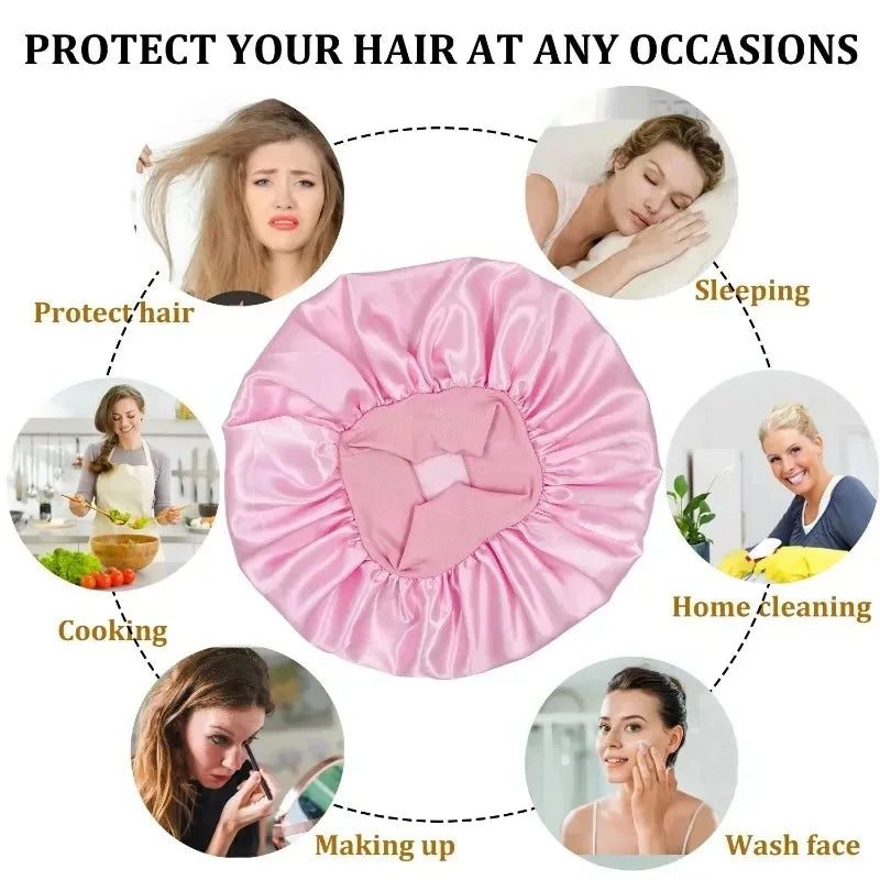 Pink satin bonnet and headband set used for protecting hair during sleeping, cooking, makeup, and daily activities.