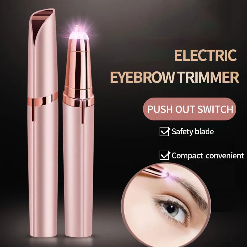 A pink electric eyebrow trimmer with a push out switch and safety blade shown next to a close-up of its use on an eye.