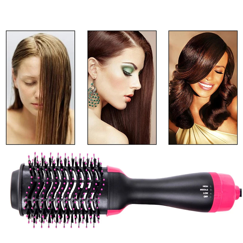 A black hair dryer brush styler with pink accents shown alongside examples of styled hair.