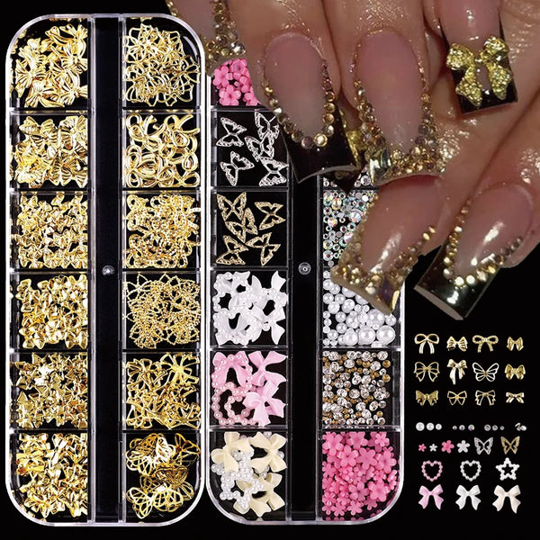 A collection of 24 pieces of Y2K nail art decorations including rhinestones, pearls, and charms displayed on a black acrylic 