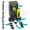 A black and yellow professional electric hair clipper set including a body, dock, head cover, and brush.
