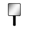 Miroir de maquillage rectangulaire portable avec cadre et poignée noire.
