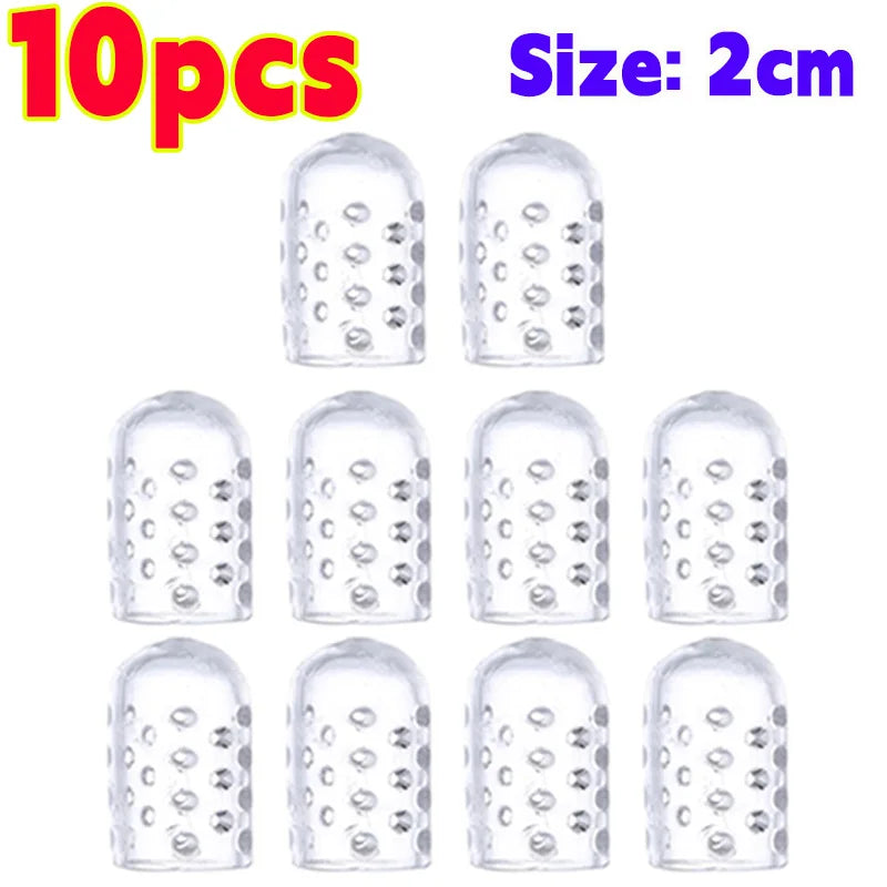 Ten clear silicone toe covers measuring 2cm each for foot protection