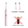 A pink sonic electric toothbrush with one handle and three interchangeable brush heads shown next to an empty battery slot.