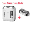 A white electric shaver body and a separate blade are shown with a plus sign indicating they are a set.