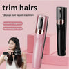 A pink cordless split hair clipper is shown next to a black version, with a woman using the trimmer on her hair.