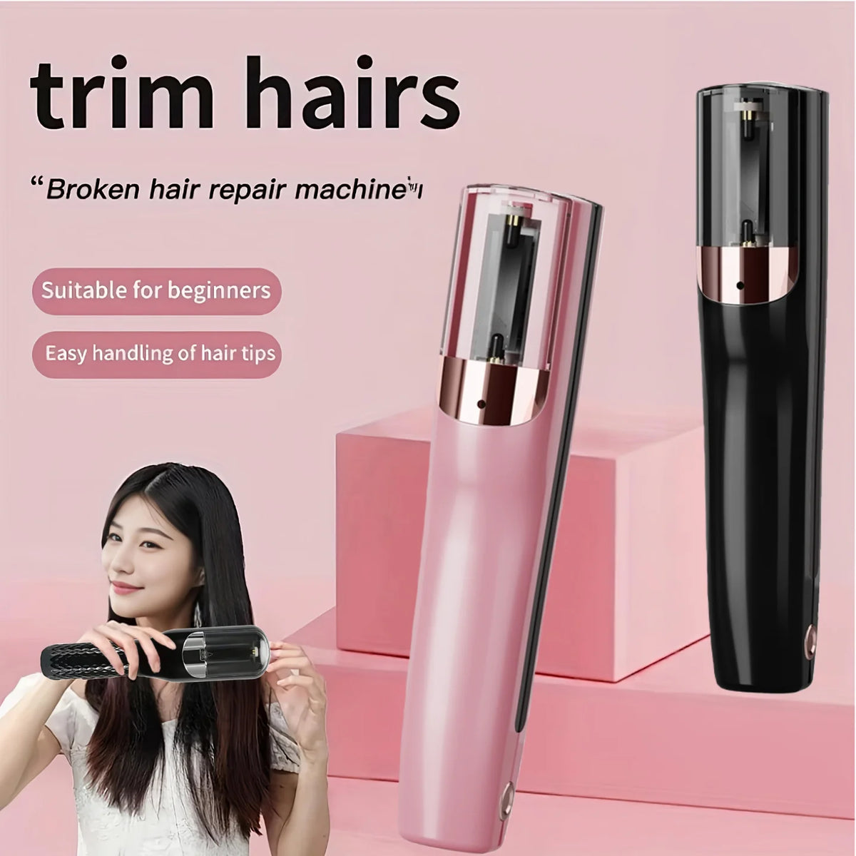A pink cordless split hair clipper is shown next to a black version, with a woman using the trimmer on her hair.